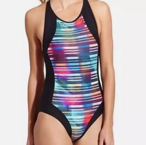 ATHLETA Streamline One Piece Swimsuit SzS Cross Open Back Rainbow/Stripe